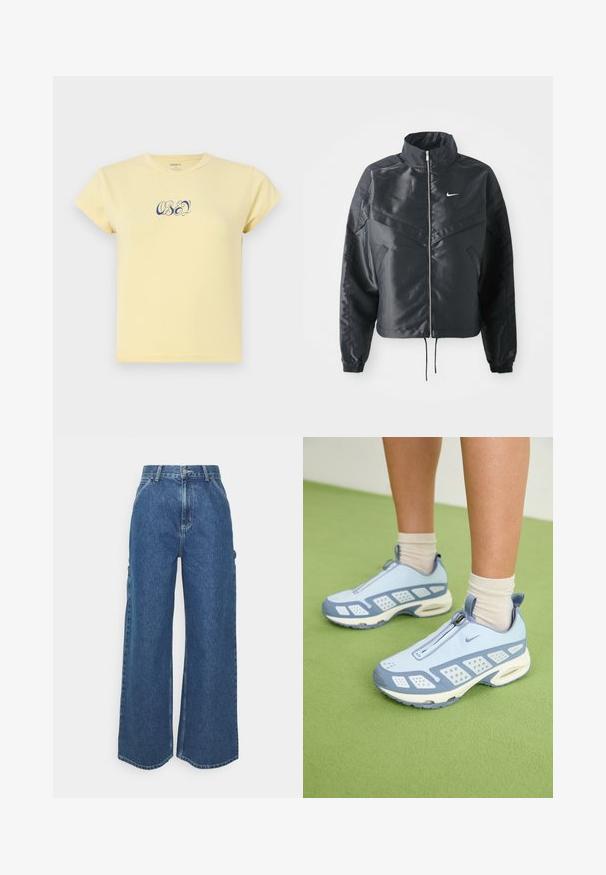Black cropped jacket with high collar, zip closure, elastane cuffs, and a white Nike logo. Smooth, shiny fabric with a slightly textured surface.; Yellow cotton t-shirt with a round neckline and short sleeves, featuring blue text logo "OBEY" in decorative font on the front.; Wide-leg blue denim trousers with a high waist, contrasting stitching, and side pockets, featuring a classic five-pocket design and raw hems.; Light blue athletic shoes with white accents, textured panels, and a zip closure. Features a visible air cushioning sole and rubber outsole.