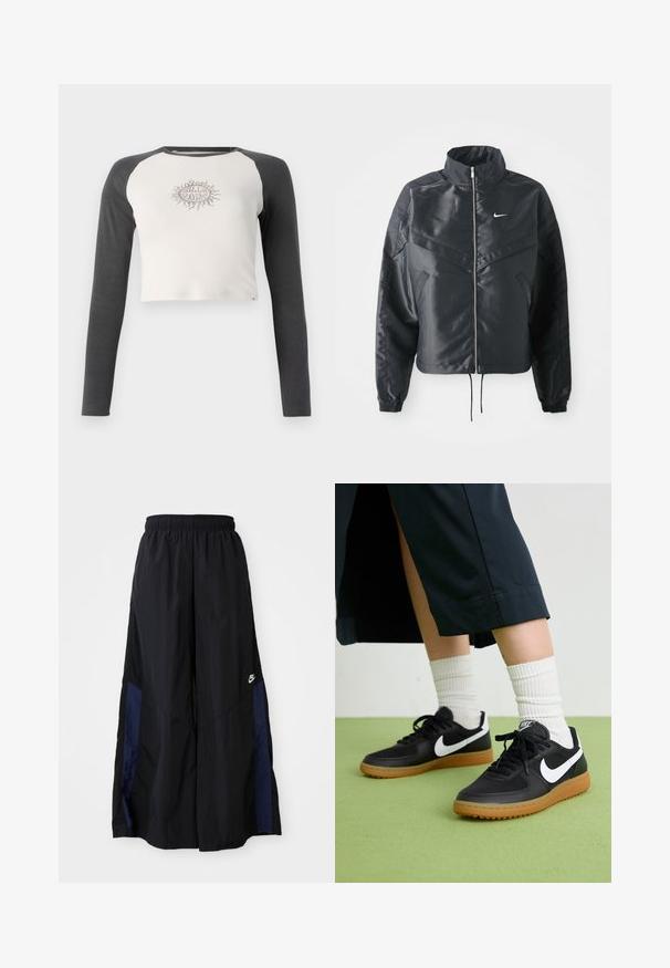 Zwarte cropped jack met hoge kraag, ritsluiting, elastische manchetten en een wit Nike-logo. Glad, glanzend materiaal met een licht gestructureerd oppervlak.; Kort T-shirt met lange mouwen, lichtgrijze body en donkergrijze mouwen. Heeft een zonafbeelding in beige op de borst. Van katoen.; Zwarte wijdlopende broek van lichtgewicht stof, met een marineblauwe zijpaneel en een elastische tailleband. Klein wit logo onderaan.; Zwarte leren en synthetische sneakers met witte Nike swoosh, rubberen gumzool, ronde neus en zwarte veters. Geribbelde witte sokken zichtbaar.