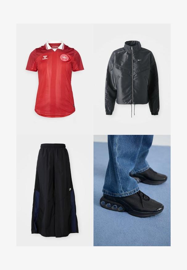 Must kolledžiga must lühike jope, millel on lukuga sulgus, elastne mansett ja valge Nike logo. Sile, läikiv kangas, millel on veidi tekstureeritud pind.; Punane jalgpallijerseys, millel on vertikaalsed triibud, lühikesed varrukad, valge krae ja DBU logo. Valmistatud kergest materjalist, sobib spordiks.; Mustad laiad mustad püksid kergest kangast, millel on tumesinine külgpaneel ja elastne vöökoht. Väike valge logo allservas.; Mustad mustandid jooksujalatsid, millel on võrkmaterjalist ülemine osa, tekstuuriga detailid ja nähtavad õhkpadjad tallas. Kandmine siniste teksadega.