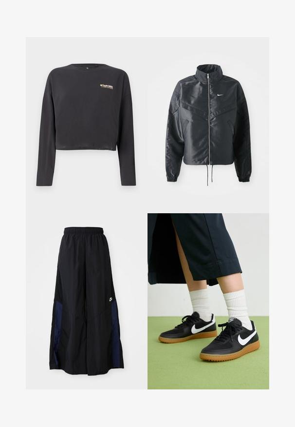 Czarna krótka kurtka z wysokim kołnierzem, zamek błyskawiczny, ściągacze z elastanu i białe logo Nike. Gładki, błyszczący materiał o lekko teksturowanej powierzchni.; Przycięta, długosleeve koszulka w ciemnoszarym kolorze z bawełny, z małym, multikolorowym logo Rip Curl na piersi i luźnym krojem.; Czarne spodnie szerokie wykonane z lekkiego materiału, z granatowym bocznym panelem i elastycznym paskiem w talii. Małe białe logo na dole.; Czarne skórzane i syntetyczne sneakersy z białym logo Nike, gumową podeszwą, okrągłym noskiem i czarnymi sznurowadłami. Widziane są ribbowane białe skarpetki.