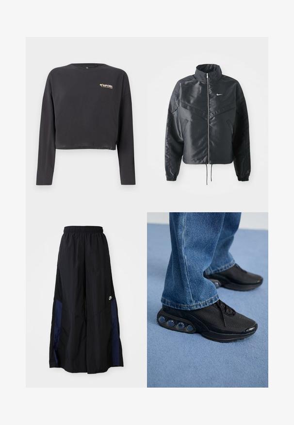 Svart cropped jakke med høy krage, glidelåsåpning, elastiske mansjetter og en hvit Nike-logo. Glatt, shiny stoff med en lett teksturert overflate.; Kortermet langermet t-skjorte i mørkegrå bomull, med en liten, flerfarget Rip Curl-logo på brystet og en avslappet passform.; Svarte vide bukser laget av lett stoff, med et marineblått sidestykke og elastisk midjebånd. Liten hvit logo nederst.; Svart treningssko med mesh-overdel, teksturerte detaljer og synlige luftputepoder i sålen. Bærer med blå denimjeans.