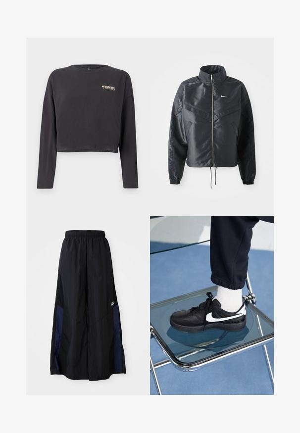 Black cropped jacket with high collar, zip closure, elastane cuffs, and a white Nike logo. Smooth, shiny fabric with a slightly textured surface.; Cropped long-sleeve t-shirt in dark gray cotton, features a small, multicolored Rip Curl logo on the chest and a relaxed fit.; Black wide-leg pants made of lightweight fabric, featuring a navy blue side panel and an elastic waistband. Small white logo on bottom.; Black Nike sneakers with white accents, featuring a smooth leather texture, lace-up design, and rounded toe, positioned on a glass chair.