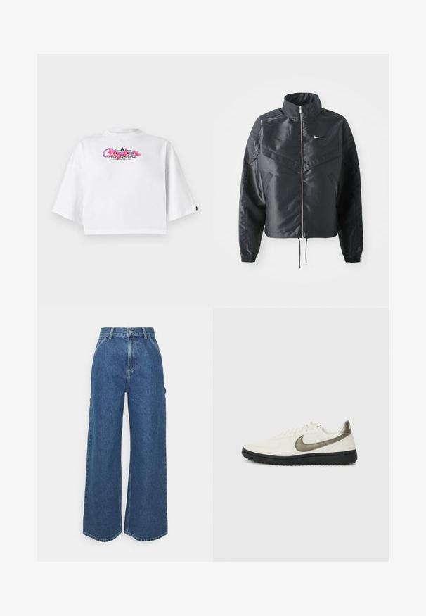 Chaqueta negra corta con cuello alto, cierre de cremallera, puños de elastano y un logo de Nike en blanco. Tejido suave y brillante con una superficie ligeramente texturizada.; Camiseta blanca corta con mangas anchas y colorido logotipo "Alpha Studio Edition" en el pecho sobre un fondo liso.; Pantalones vaqueros de pierna ancha en azul con cintura alta, costuras en contraste y bolsillos laterales, que cuentan con un diseño clásico de cinco bolsillos y dobladillos sin rematar.; Nike Sportswear FIELD GENERAL - Zapatillas - off-white/black