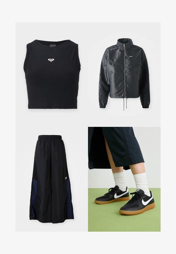 Zwarte cropped jack met hoge kraag, ritsluiting, elastische manchetten en een wit Nike-logo. Glad, glanzend materiaal met een licht gestructureerd oppervlak.; Zwarte geribbelde crop top met een ronde halslijn, voorzien van een klein gouden hartlogo op de borst en een getailleerd ontwerp. Het materiaal lijkt glad te zijn.; Zwarte wijdlopende broek van lichtgewicht stof, met een marineblauwe zijpaneel en een elastische tailleband. Klein wit logo onderaan.; Zwarte leren en synthetische sneakers met witte Nike swoosh, rubberen gumzool, ronde neus en zwarte veters. Geribbelde witte sokken zichtbaar.