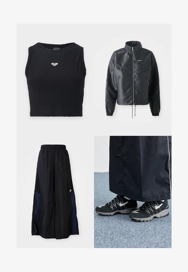 Mustat lyhyet takit, joissa on korkea kaulus, vetoketjukiinnitys, elastaanista valmistetut hihan suut ja valkoinen Nike-logo. Sileä, kiiltävä kangas, jossa on hieman tekstuuria.; Musta ribbeillä varustettu crop-top, jossa on pyöreä pääntie ja pieni kultainen sydänlogo rinnassa. Muotoilu on istuva ja materiaali näyttää sileältä.; Musta leveälahkeinen housu, joka on valmistettu kevyestä kankaasta. Housuissa on tummansininen sivupaneeli ja joustava vyötärö. Alhaalla on pieni valkoinen logo.; Mustat urheilukengät, joissa on teksturoitu päällinen, hopeiset yksityiskohdat ja kuvioitu ulkopohja, yhdistettynä mustaan pitkään vaatteeseen. Taustalla sininen matto.