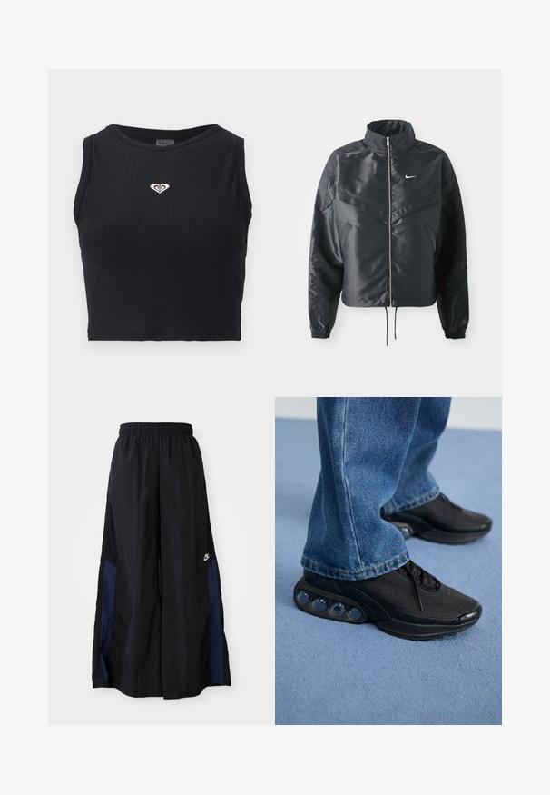 Juoda trumpa striukė su aukštu coloru, užtrauktuku, elastaniniu rankogaliu ir balta Nike logotipu. Lygus, blizgus audinys su šiek tiek tekstūruotu paviršiumi.; Juodas raukšlėtas trumpas topas su apvalia iškirpte, puikuojantis mažuoju auksiniu širdelės logotipu ant krūtinės ir prigludusia siluetu. Medžiaga atrodo lygi.; Juodos plačios kojų kelnės, pagamintos iš lengvos medžiagos, su tamsiai mėlyna šonine juostele ir elastinga juosmens juosta. Maža balta logotipo etikete apačioje.; Juodi sportiniai bateliai su tinkliniu viršumi, tekstūruotais akcentais ir matomais oro pagalvėmis pado viduje. Dėvimi su mėlynais džinsais.