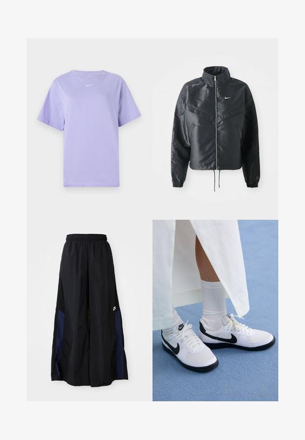 Černá zkrácená bunda s vysokým límcem, zipovým zapínáním, elastickými manžetami a bílým logem Nike. Hladká, lesklá látka s mírně strukturovaným povrchem.; Fialové bavlněné tričko s kulatým výstřihem, krátkými rukávy a malým bílým logem na hrudi. Hladká textura, volný střih.; Černé kalhoty širokého střihu vyrobené z lehkého materiálu, s námořnickou modrou bočním panelem a elastickým pasem. Malé bílé logo na spodní části.; Bílé tenisky Nike s černými detaily, s hladkým koženým svrškem, bílými tkaničkami a pevnou gumovou podrážkou, doplněné bílými žebrovanými ponožkami.