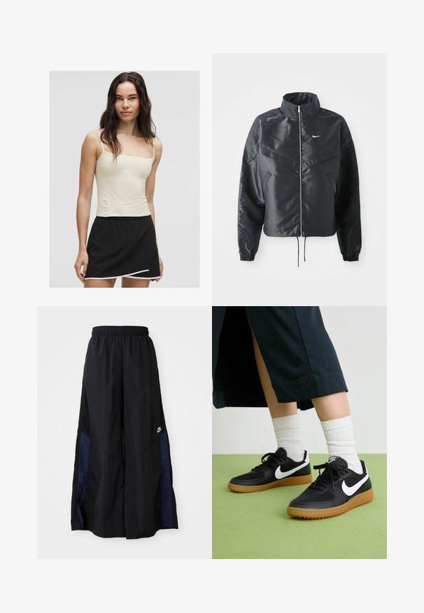 Black cropped jacket with high collar, zip closure, elastane cuffs, and a white Nike logo. Smooth, shiny fabric with a slightly textured surface.; Light yellow spaghetti strap tank top paired with a black skirt featuring a curved hem and white trim accents. Smooth fabric texture.; Black wide-leg pants made of lightweight fabric, featuring a navy blue side panel and an elastic waistband. Small white logo on bottom.; Black leather and synthetic sneakers with white Nike swoosh, rubber gum sole, round toe, and black laces. Ribbed white socks visible.