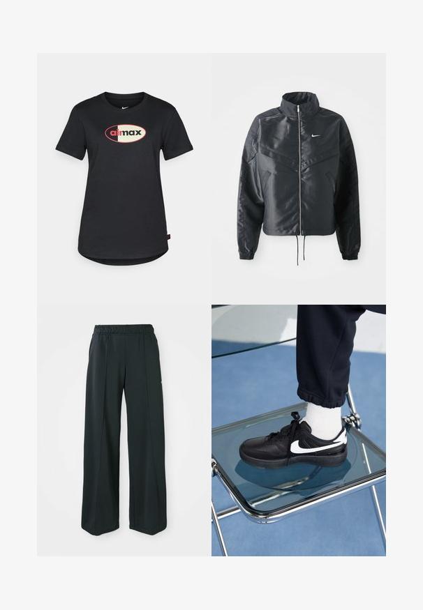 Black cropped jacket with high collar, zip closure, elastane cuffs, and a white Nike logo. Smooth, shiny fabric with a slightly textured surface.; Black cotton T-shirt featuring a crew neckline, short sleeves, and a central "airmax" logo in red and cream color on the front.; Black, wide-leg athletic pants with an elastic waistband. Made from smooth, stretchy fabric, featuring subtle front seams and no pockets.; Black Nike sneakers with white accents, featuring a smooth leather texture, lace-up design, and rounded toe, positioned on a glass chair.