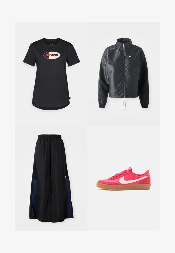 Black cropped jacket with high collar, zip closure, elastane cuffs, and a white Nike logo. Smooth, shiny fabric with a slightly textured surface.; Black cotton T-shirt featuring a crew neckline, short sleeves, and a central "airmax" logo in red and cream color on the front.; Black wide-leg pants made of lightweight fabric, featuring a navy blue side panel and an elastic waistband. Small white logo on bottom.; Pink sneaker with a smooth synthetic upper, white Swoosh logo, and gum rubber sole. Features round laces and a padded collar for comfort.