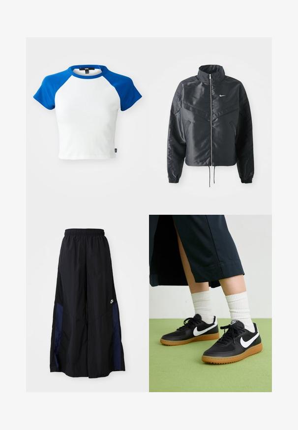 Czarna krótka kurtka z wysokim kołnierzem, zamek błyskawiczny, ściągacze z elastanu i białe logo Nike. Gładki, błyszczący materiał o lekko teksturowanej powierzchni.; Krótki rękaw, cropped t-shirt z białym korpusem i niebieskimi rękawami raglanowymi. Wykonany z bawełny, z okrągłym dekoltem i przyszytymi brzegami.; Czarne spodnie szerokie wykonane z lekkiego materiału, z granatowym bocznym panelem i elastycznym paskiem w talii. Małe białe logo na dole.; Czarne skórzane i syntetyczne sneakersy z białym logo Nike, gumową podeszwą, okrągłym noskiem i czarnymi sznurowadłami. Widziane są ribbowane białe skarpetki.