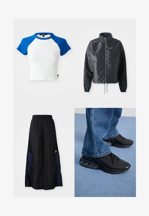 Sort cropped jakke med høj krave, lynlås lukning, elastiske manchetter og et hvidt Nike-logo. Glat, blankt stof med en let struktureret overflade.; Kortærmet cropped t-shirt med hvidt stof og blå raglanærmer. Lavet af bomuld, har en rund halsudskæring og en syet kant.; Sorte vide benbukser lavet af letvægtsstof, med et marineblåt sidepanel og en elastisk talje. Lille hvidt logo nederst.; Sorte træningssko med mesh-overdel, teksturerede detaljer og synlige luftdæmpningspodere i sålen. Båret med blå denimjeans.
