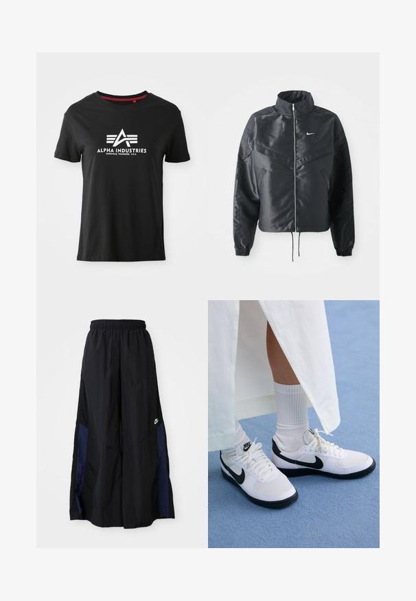 Czarna krótka kurtka z wysokim kołnierzem, zamek błyskawiczny, ściągacze z elastanu i białe logo Nike. Gładki, błyszczący materiał o lekko teksturowanej powierzchni.; Czarna bawełniana koszulka z okrągłym dekoltem i krótkimi rękawami. Na przodzie znajduje się wyraźne białe logo z stylizowanymi literami i akcentującymi liniami.; Czarne spodnie szerokie wykonane z lekkiego materiału, z granatowym bocznym panelem i elastycznym paskiem w talii. Małe białe logo na dole.; Białe sneakersy Nike z czarnymi akcentami, z górą z gładkiej skóry, białymi sznurowadłami i solidną gumową podeszwą, zestawione z białymi skarpetkami w prążki.