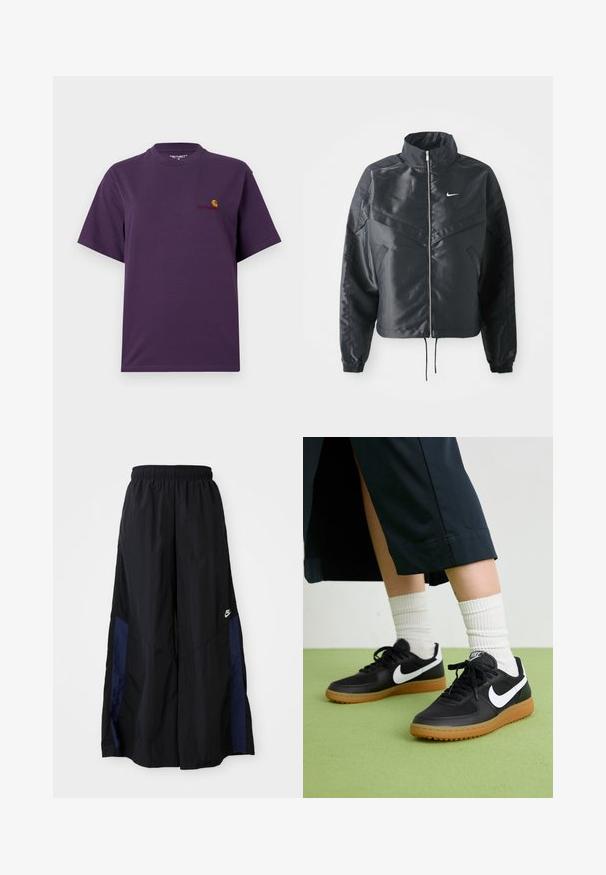 Černá zkrácená bunda s vysokým límcem, zipovým zapínáním, elastickými manžetami a bílým logem Nike. Hladká, lesklá látka s mírně strukturovaným povrchem.; Fialové bavlněné tričko s kulatým výstřihem a krátkým rukávem. Na levé hrudi se nachází malé logo v oranžové a červené barvě.; Černé kalhoty širokého střihu vyrobené z lehkého materiálu, s námořnickou modrou bočním panelem a elastickým pasem. Malé bílé logo na spodní části.; Černé kožené a syntetické tenisky s bílým logem Nike, gumovou podrážkou, kulatou špičkou a černými tkaničkami. Viditelné žebrované bílé ponožky.