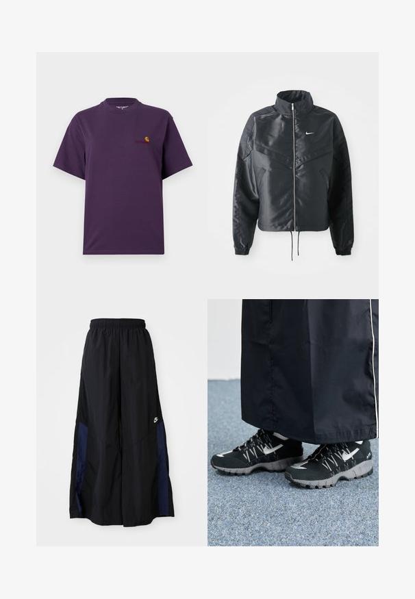 Svart kort jacka med hög krage, dragkedja, ärmslut i elastan och en vit Nike-logotyp. Slät, glänsande tyg med en något strukturerad yta.; Lila bomull T-shirt med rund hals och korta ärmar. Har en liten logo i orange och röd på vänster bröst.; Svarta vida byxor gjorda av lättviktig tyg, med en marinblå sid panel och ett elastiskt midjeband. Litet vitt logotyp nertill.; Svarta träningsskor med en texturerad överdel, silverdetaljer och ett mönstrat yttersula, tillsammans med en svart lång klädnad. Mot en blå matta.