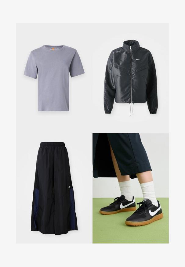 Schwarze, verkürzte Jacke mit hohem Kragen, Reißverschluss, Elastan-Ärmeln und einem weißen Nike-Logo. Glattes, glänzendes Material mit leicht strukturiertem Oberflächeneffekt.; T-Shirt mit kurzen Ärmeln aus hellgrauem Stoff und rundem Halsausschnitt. Verfügt über ein kleines besticktes Logo auf der Brust. Weiche und glatte Textur.; Schwarze weit geschnittene Hose aus leichtem Stoff, mit einem dunkelblauen Seitenpanel und einem elastischen Bund. Kleines weißes Logo am unteren Ende.; Schwarze Leder- und synthetische Sneakers mit weißem Nike-Swoosh, Gummisohle, runder Spitze und schwarzen Schnürsenkeln. Gestreifte weiße Socken sind sichtbar.