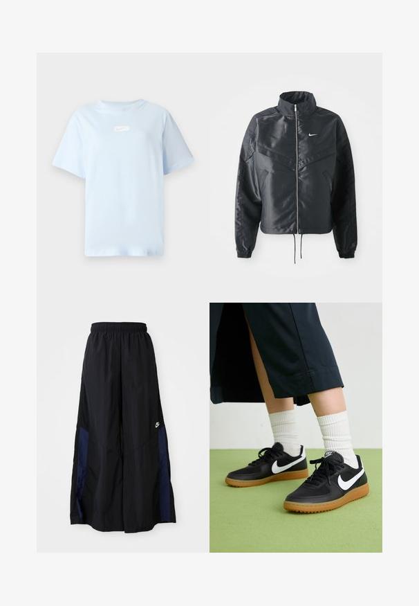 Casaco preto curto com colarinho alto, fecho de zip, punhos em elastano e um logótipo Nike branco. Tecido suave e brilhante com uma superfície ligeiramente texturizada.; T-shirt de algodão azul claro com mangas curtas, decote redondo e logotipo da Nike branco no centro da frente. Textura suave, design casual.; Calças largas pretas feitas de tecido leve, com um painel lateral azul-marinho e cintura elástica. Pequeno logótipo branco na parte inferior.; Sapatilhas pretas em couro e sintético com o logo da Nike em branco, sola de borracha tipo goma, bico redondo e atacadores pretos. Meias brancas com frunces visíveis.