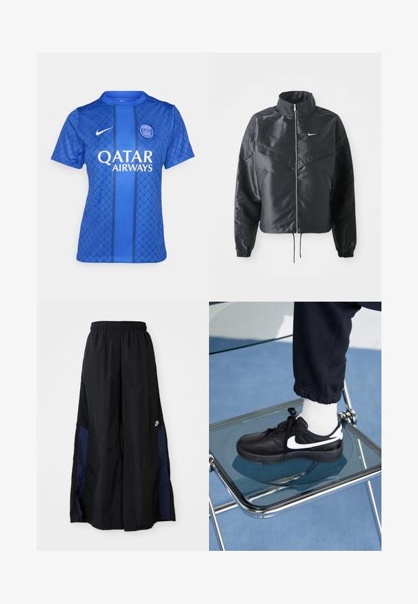 Sort cropped jakke med høj krave, lynlås lukning, elastiske manchetter og et hvidt Nike-logo. Glat, blankt stof med en let struktureret overflade.; Blå fodboldtrøje med geometrisk mønster, rund halsudskæring, korte ærmer og branding fra Nike og Qatar Airways.; Sorte vide benbukser lavet af letvægtsstof, med et marineblåt sidepanel og en elastisk talje. Lille hvidt logo nederst.; Sorte Nike sneakers med hvide detaljer, der har en glat læderoverflade, snørebånd og rund tå, placeret på en glasstol.