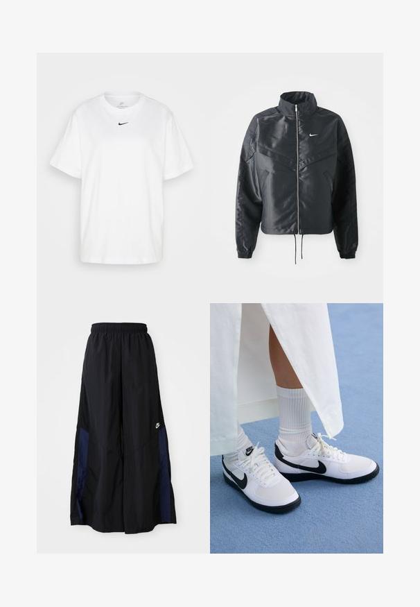 Casaco preto curto com colarinho alto, fecho de zip, punhos em elastano e um logótipo Nike branco. Tecido suave e brilhante com uma superfície ligeiramente texturizada.; T-shirt de algodão branco com decote redondo, mangas curtas e um logo da Nike preto impresso centralmente no peito. Design simples e clássico.; Calças largas pretas feitas de tecido leve, com um painel lateral azul-marinho e cintura elástica. Pequeno logótipo branco na parte inferior.; Ténis brancos da Nike com detalhes pretos, apresentando um cabedal em pele lisa, atacadores brancos e solas de borracha resistentes, combinados com meias brancas com textura ribada.