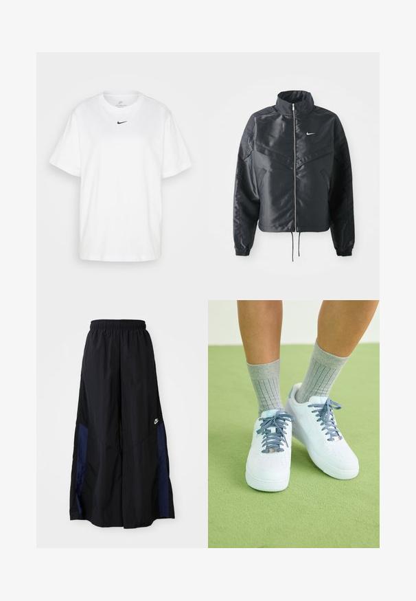 Czarna krótka kurtka z wysokim kołnierzem, zamek błyskawiczny, ściągacze z elastanu i białe logo Nike. Gładki, błyszczący materiał o lekko teksturowanej powierzchni.; Biała bawełniana koszulka z okrągłym dekoltem, krótkimi rękawami i czarnym logo Nike nadrukowanym na środku klatki piersiowej. Prosty i klasyczny design.; Czarne spodnie szerokie wykonane z lekkiego materiału, z granatowym bocznym panelem i elastycznym paskiem w talii. Małe białe logo na dole.; Białe skórzane sneakersy z niebieskimi akcentami, perforowanym wzorem na palcach oraz teksturowanymi niebiesko-białymi sznurowadłami, noszone z szarymi skarpetkami w prążki.