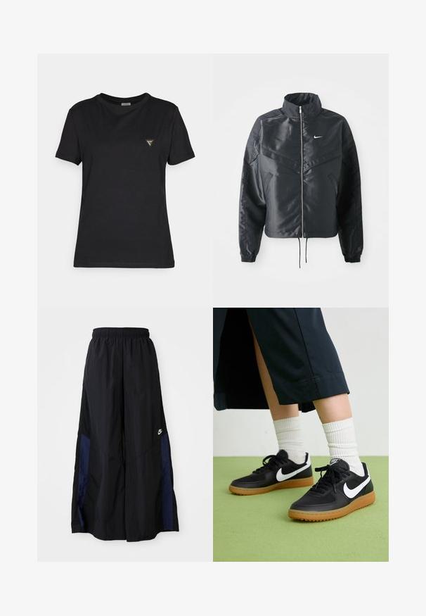 Casaco preto curto com colarinho alto, fecho de zip, punhos em elastano e um logótipo Nike branco. Tecido suave e brilhante com uma superfície ligeiramente texturizada.; T-shirt preta feita de tecido suave, com decote redondo e mangas curtas. Possui um pequeno logotipo triangular no peito.; Calças largas pretas feitas de tecido leve, com um painel lateral azul-marinho e cintura elástica. Pequeno logótipo branco na parte inferior.; Sapatilhas pretas em couro e sintético com o logo da Nike em branco, sola de borracha tipo goma, bico redondo e atacadores pretos. Meias brancas com frunces visíveis.