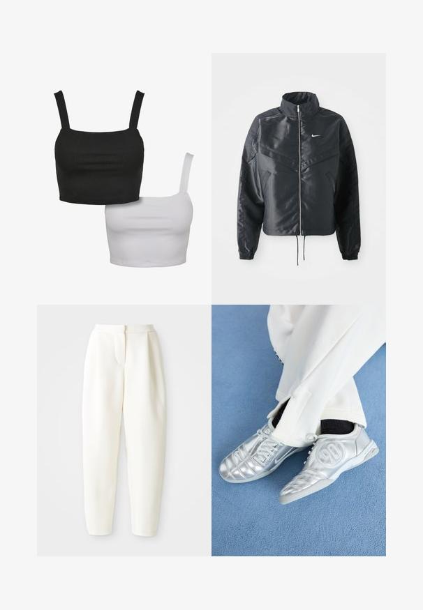 Black cropped jacket with high collar, zip closure, elastane cuffs, and a white Nike logo. Smooth, shiny fabric with a slightly textured surface.; Two sleeveless crop tops, one black and one white, made from smooth fabric, featuring square necklines and adjustable straps.; High-waist tapered white pants with a concealed front closure and side pockets, displayed against a plain white background.; Silver athletic shoes with a smooth, shiny finish, featuring a stitched design and the number 90 on the side, paired with white pants.