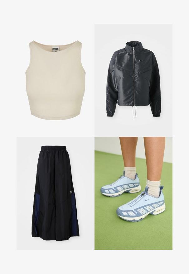 Czarna krótka kurtka z wysokim kołnierzem, zamek błyskawiczny, ściągacze z elastanu i białe logo Nike. Gładki, błyszczący materiał o lekko teksturowanej powierzchni.; Beżowy prążkowany top crop z okrągłym dekoltem i bezrękawowym wzorem. Posiada gładką fakturę oraz dyskretną metkę marki wewnątrz dekoltu.; Czarne spodnie szerokie wykonane z lekkiego materiału, z granatowym bocznym panelem i elastycznym paskiem w talii. Małe białe logo na dole.; Jasnoniebieskie buty sportowe z białymi akcentami, teksturowanymi panelami i zapięciem na zamek. Oferują widoczną podeszwę z amortyzacją powietrzną oraz gumową podeszwę.
