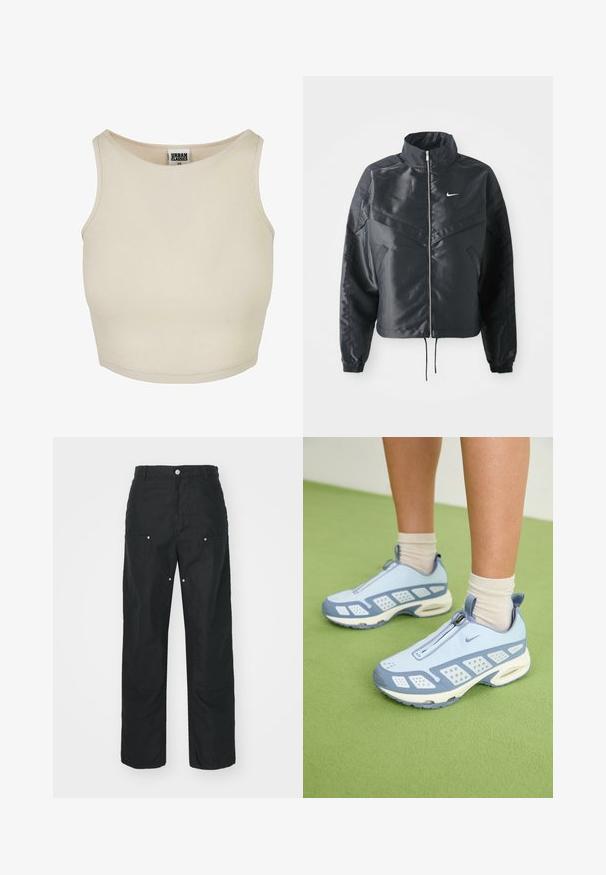 Czarna krótka kurtka z wysokim kołnierzem, zamek błyskawiczny, ściągacze z elastanu i białe logo Nike. Gładki, błyszczący materiał o lekko teksturowanej powierzchni.; Beżowy prążkowany top crop z okrągłym dekoltem i bezrękawowym wzorem. Posiada gładką fakturę oraz dyskretną metkę marki wewnątrz dekoltu.; Czarne spodnie o prostym kroju, wykonane z fakturowanej tkaniny. Zawierają dekoracyjne srebrne akcenty oraz unikalne detale szwów.; Jasnoniebieskie buty sportowe z białymi akcentami, teksturowanymi panelami i zapięciem na zamek. Oferują widoczną podeszwę z amortyzacją powietrzną oraz gumową podeszwę.