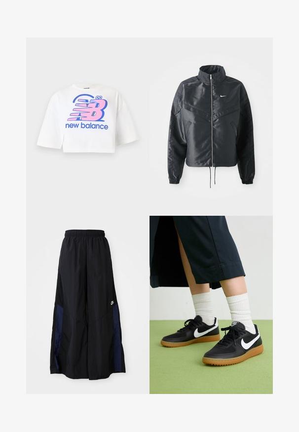 Svart kort jacka med hög krage, dragkedja, ärmslut i elastan och en vit Nike-logotyp. Slät, glänsande tyg med en något strukturerad yta.; Vit kortärmad t-shirt i bomull med ett stort rosa och blått grafiskt tryck av "new balance"-logotypen och stiliserade bokstäver.; Svarta vida byxor gjorda av lättviktig tyg, med en marinblå sid panel och ett elastiskt midjeband. Litet vitt logotyp nertill.; Svarta läder- och syntetiska sneakers med vit Nike-logga, gummisula, rund tå och svarta snörningar. Ribbad vit strumpor synliga.