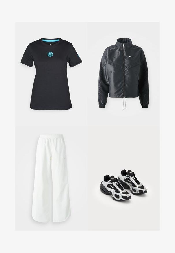 Melna apgriezta jaka ar augstu apkakli, rāvējslēdzēja aizdari, elastīna aprocēm un baltu Nike logo. Gluda, spīdīga auduma ar nedaudz teksturētu virsmu.; Melnas īsām piedurknēm T-kreklas, kas izgatavots no mīksta materiāla, ar apaļu kakla izgriezumu un gaismas zilo izšūto logotipu uz krūšu nodaļas.; Baltas, platais sporta bikses ar ribotu jostasvītru un smalku logotipa detaļu. Gluda auduma ar brīvu piegriezumu un sašaurinātu apakšdaļu.; Melnas un sudraba krāsas sporta kurpes ar sietiņu un sintētisku virsu, izceļoties ar izteiktu viļņotu dizainu un mīkstinātu apkaklīti, kā arī gaisa amortizāciju zole.