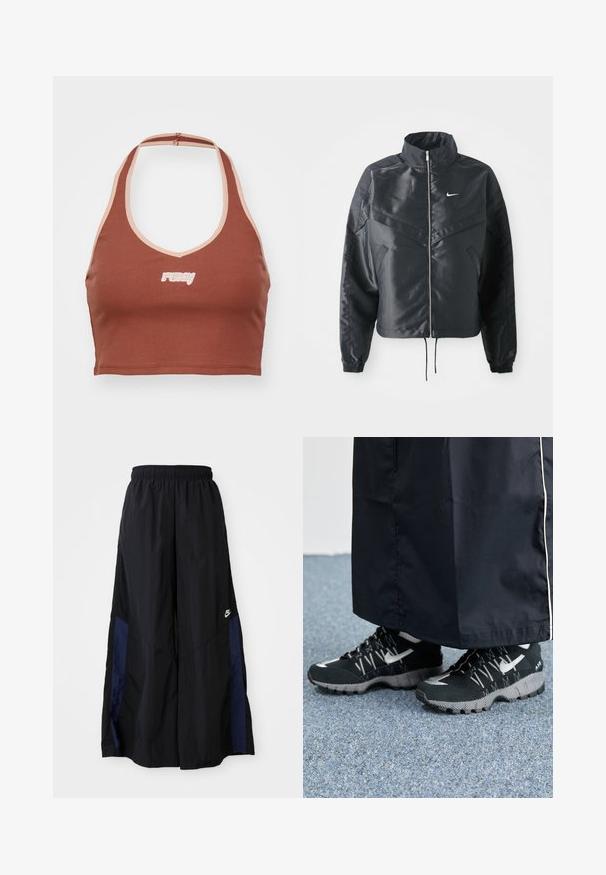 Svart cropped jakke med høy krage, glidelåsåpning, elastiske mansjetter og en hvit Nike-logo. Glatt, shiny stoff med en lett teksturert overflate.; Brun ribbet crop top med halterneck-design, i kontrastfarge lys rosa trim, og "ruby"-logo brodert i hvitt på forsiden.; Svarte vide bukser laget av lett stoff, med et marineblått sidestykke og elastisk midjebånd. Liten hvit logo nederst.; Svarte treningssko med teksturert overdel, sølv detaljer og mønstrete såle, sammen med et svart langt plagg. Plassert på et blått teppe.