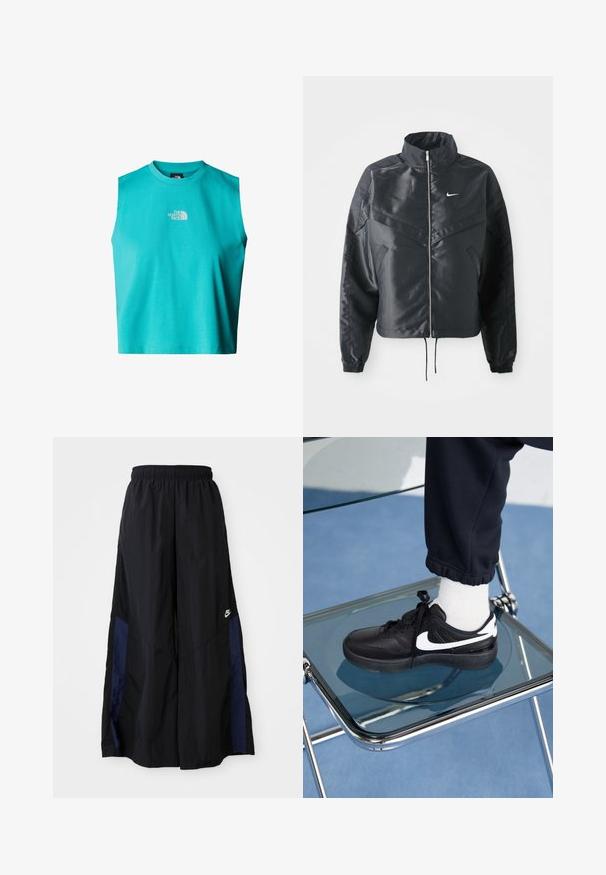 Svart kort jacka med hög krage, dragkedja, ärmslut i elastan och en vit Nike-logotyp. Slät, glänsande tyg med en något strukturerad yta.; Avskuren utan ärmar t-shirt i ljus turkos, tillverkad av lättviktig bomull, med en liten vit logotyp på bröstområdet.; Svarta vida byxor gjorda av lättviktig tyg, med en marinblå sid panel och ett elastiskt midjeband. Litet vitt logotyp nertill.; Svarta Nike-sneakers med vita detaljer, med en slät läderstruktur, snörningsdesign och rund tå, placerade på en glasstol.
