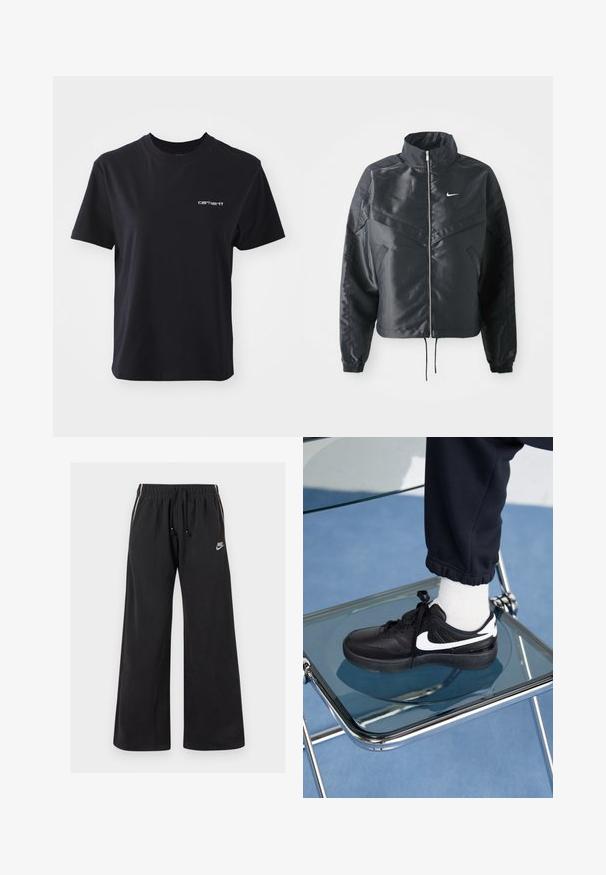Giacca nera cropped con colletto alto, chiusura a zip, polsini in elastan e logo Nike bianco. Tessuto liscio e lucido con una superficie leggermente texturizzata.; T-shirt in cotone nero con collo a giro, maniche corte e logo "Carhartt" bianco sul lato sinistro del petto. Texture liscia, vestibilità standard.; Pantaloni da jogging neri in tessuto morbido, con vita elasticizzata e cordoncino, strisce laterali e un piccolo logo sul lato sinistro davanti.; Sneakers Nike neri con accenti bianchi, caratterizzati da una superficie in pelle liscia, design con lacci e punta rotonda, posizionati su una sedia di vetro.