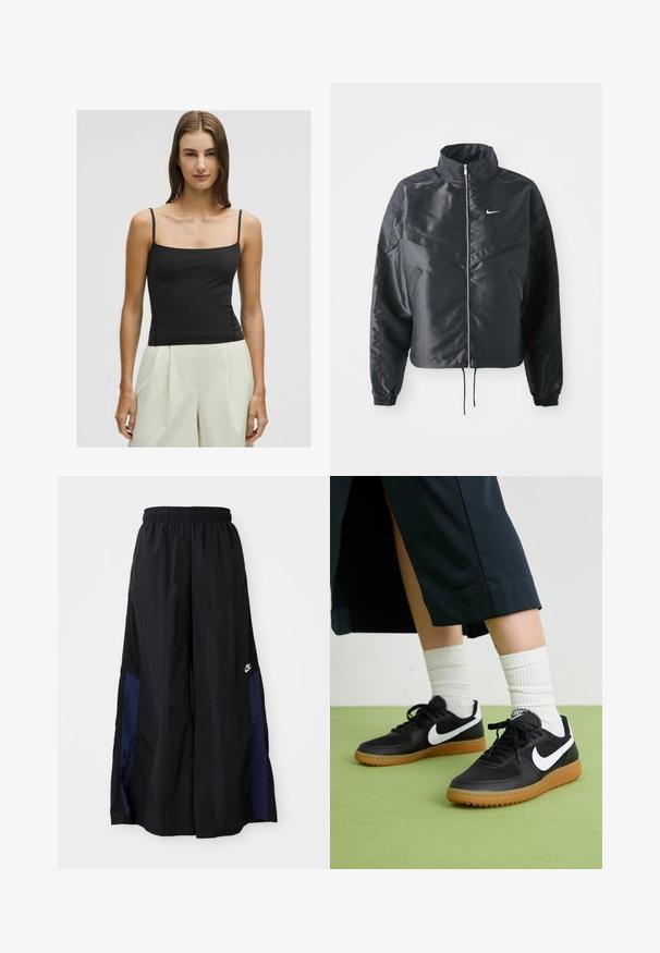 Melna apgriezta jaka ar augstu apkakli, rāvējslēdzēja aizdari, elastīna aprocēm un baltu Nike logo. Gluda, spīdīga auduma ar nedaudz teksturētu virsmu.; Melna spaghetti tipa topiņš ar kvadrātveida dekoltē un pieguļošu siluetu, izgatavots no gludas, vieglas auduma. Saskaņots ar gaišām, platām biksēm.; Melni plata kāju bikses no viegla auduma, ar tumši zilu sānu paneli un elastīgu jostu. Mazs balts logotips apakšā.; Melna āda un sintētiska materiāla sporta apavi ar baltu Nike logo, gumijas zole, apaļa purngala forma un melni šņores. Redzamas ribotas baltas zeķes.