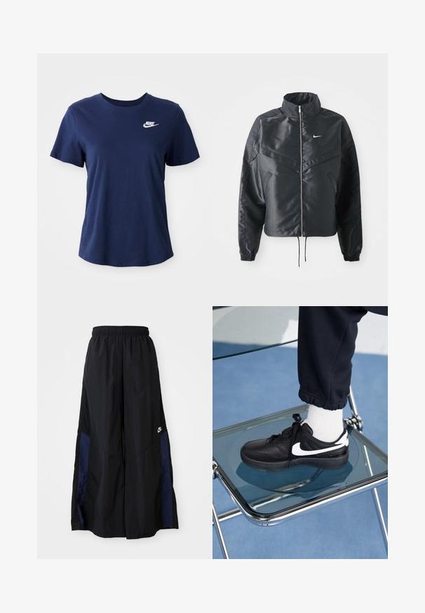 Czarna krótka kurtka z wysokim kołnierzem, zamek błyskawiczny, ściągacze z elastanu i białe logo Nike. Gładki, błyszczący materiał o lekko teksturowanej powierzchni.; Navy niebieska bawełniana koszulka z krótkim rękawem i okrągłym dekoltem. Na lewej piersi znajduje się białe logo Nike. Miękka tekstura i luźny krój.; Czarne spodnie szerokie wykonane z lekkiego materiału, z granatowym bocznym panelem i elastycznym paskiem w talii. Małe białe logo na dole.; Czarne sneakersy Nike z białymi akcentami, charakteryzujące się gładką skórzaną teksturą, zawiązywaną konstrukcją i zaokrąglonym noskiem, umieszczone na szklanym krześle.