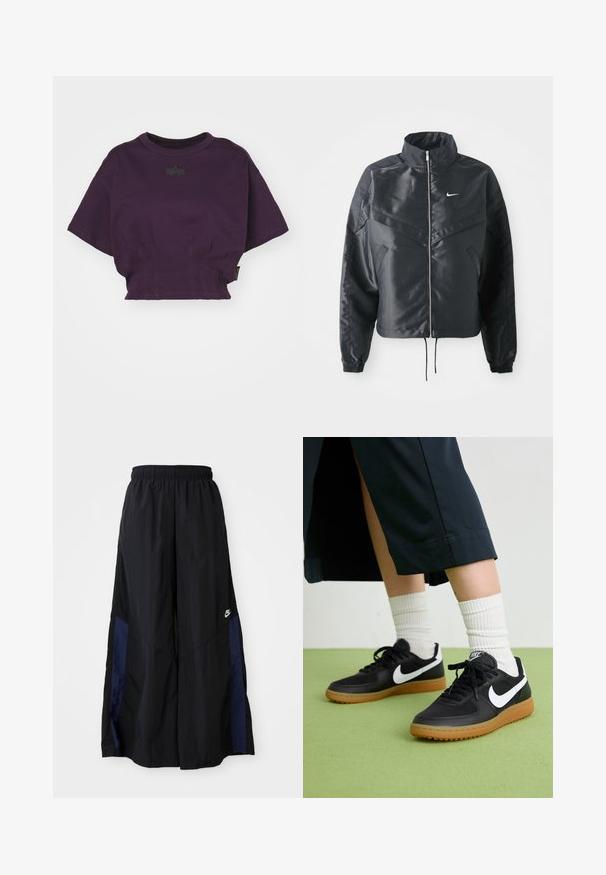 Fekete, rövidített dzseki magas gallérral, cipzáras záródással, elasztikus mandzsettákkal, és fehér Nike logóval. Simább, fényes anyag, enyhén textúrázott felülettel.; Alpha Industries Nyomott mintás póló - plum; Fekete, bő szárú nadrág könnyű anyagból, tengerészkék oldalsó panellel és elasztikus derékkal. Kicsi fehér logó az alján.; Fekete bőr és szintetikus sneakers, fehér Nike logo-val, gumi talppal, kerek orral és fekete fűzővel. Csíkos fehér zokni látható.