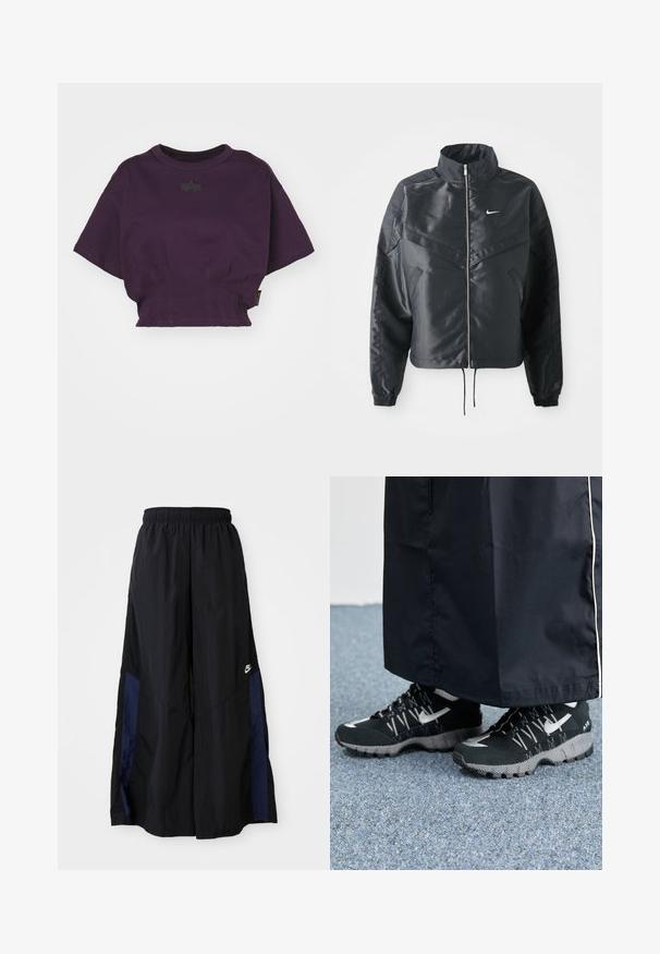Fekete, rövidített dzseki magas gallérral, cipzáras záródással, elasztikus mandzsettákkal, és fehér Nike logóval. Simább, fényes anyag, enyhén textúrázott felülettel.; Alpha Industries Nyomott mintás póló - plum; Fekete, bő szárú nadrág könnyű anyagból, tengerészkék oldalsó panellel és elasztikus derékkal. Kicsi fehér logó az alján.; Fekete sportcipők, textúrált felsőrésszel, ezüst kiegészítőkkel és mintás talppal, fekete hosszú ruhadarabbal párosítva. Kék szőnyegen.