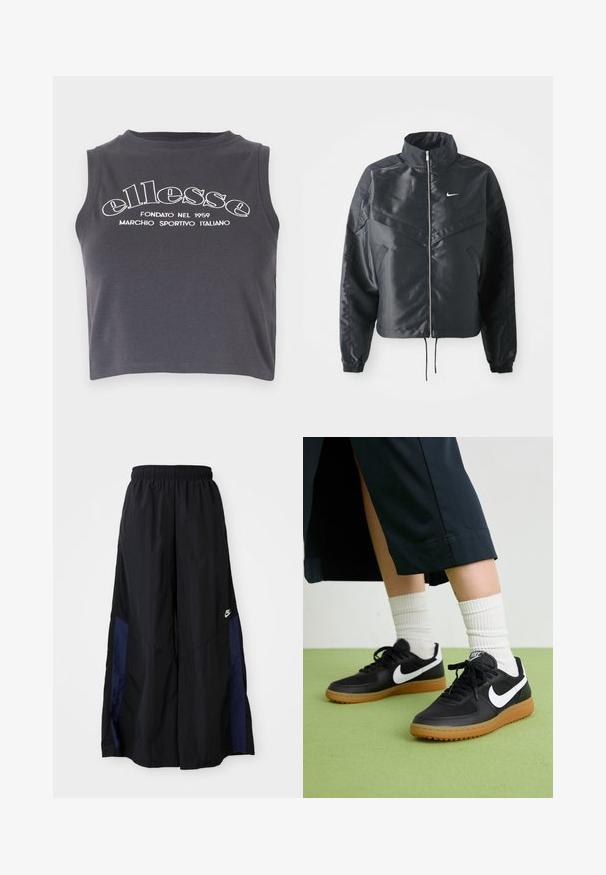 Črna skrajšana jakna z visokim ovratnikom, zadrgo, elastan rokavi in belim logotipom Nike. Gladek, sijoč material z rahlo teksturirano površino.; Temno siva zanka majica, izdelana iz mehkega bombaža, s belim tiskanim logotipom in zaobljenim ovratnikom brez rokavov.; Črne široke hlače iz lahkega materiala, z morsko modrim stranskim panelom in elastičnim pasom. Majhna bela oznaka na dnu.; Črne usnjene in sintetične superge z belim Nike swooshom, gumo na podplatu, okroglo konico ter črnimi vezalkami. Vidne so rebraste bele nogavice.