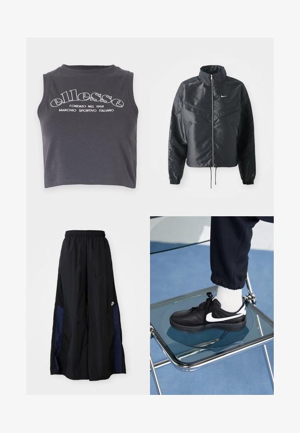 Zwarte cropped jack met hoge kraag, ritsluiting, elastische manchetten en een wit Nike-logo. Glad, glanzend materiaal met een licht gestructureerd oppervlak.; Donkergrijs cropped tanktop gemaakt van zachte katoen, met witte bedrukte merktekst en een ronde hals zonder mouwen.; Zwarte wijdlopende broek van lichtgewicht stof, met een marineblauwe zijpaneel en een elastische tailleband. Klein wit logo onderaan.; Zwarte Nike sneakers met witte accenten, met een gladde leren textuur, vetersluiting en ronde neus, geplaatst op een glazen stoel.