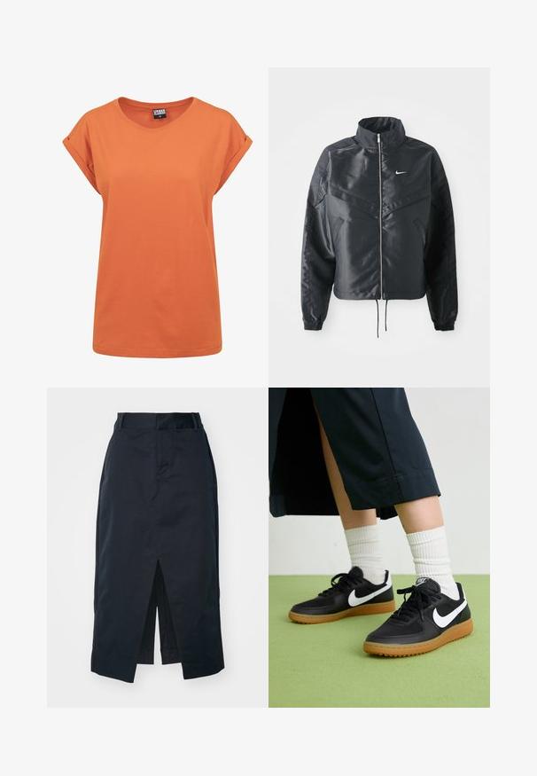 Sort cropped jakke med høj krave, lynlås lukning, elastiske manchetter og et hvidt Nike-logo. Glat, blankt stof med en let struktureret overflade.; Orange bomulds T-shirt med afslappet pasform, rund halsudskæring og foldede korte ærmer. Simpelt design uden synlige mønstre eller accenter.; Mørkeblå midi-skirt lavet af en bomuldsblanding, med en frontslids, en skjult lynlås og sidelommer for funktionalitet.; Sorte læder- og syntetiske sneakers med hvid Nike swoosh, gummisål, rund tå og sorte snørebånd. Ribbede hvide sokker synlige.