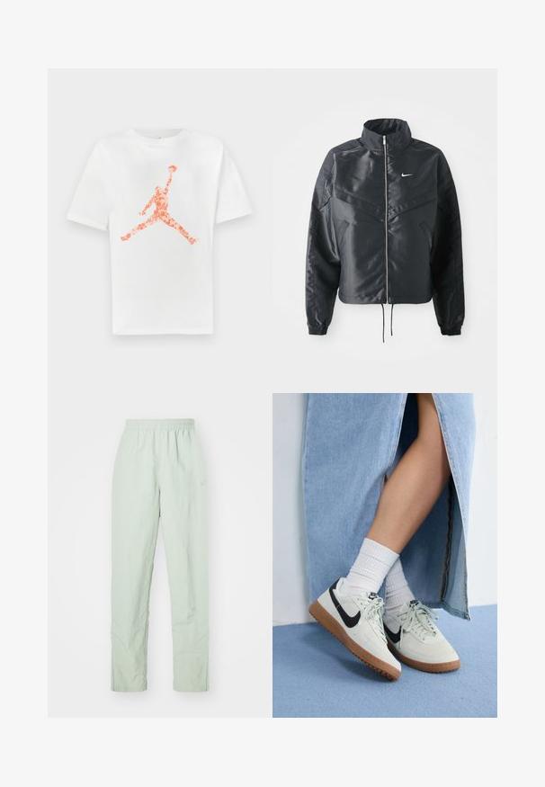 Juoda trumpa striukė su aukštu coloru, užtrauktuku, elastaniniu rankogaliu ir balta Nike logotipu. Lygus, blizgus audinys su šiek tiek tekstūruotu paviršiumi.; Balta medvilnės T-marškiniai su oranžine gėline Jumpman logotipu, atspausdintu centre. Apvalios kaklo iškirptės dizainas ir trumpomis rankovėmis.; Šviesiai žali, lengvi kelnių su elastinga juosia. Tiesaus kirpimo dizainas, pasižymintis minimalia tekstūra ir subtiliu logotipo akcentu.; Nike sportbačiai su šviesiai pilku suede viršumi, juodu swoosh logotipu ir guminiu padu. Dėvėti su baltais raukšlėtais kojiniais ir mėlyna džinsine sijonu.
