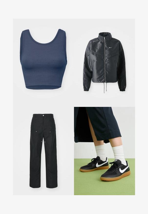 Black cropped jacket with high collar, zip closure, elastane cuffs, and a white Nike logo. Smooth, shiny fabric with a slightly textured surface.; Navy blue crop top with a scoop neckline, sleeveless design, textured fabric, and minimal stitching detail along the edges.; Black trousers with a straight-leg design, made of a textured fabric. Features decorative silver hardware and unique seam detailing.; Black leather and synthetic sneakers with white Nike swoosh, rubber gum sole, round toe, and black laces. Ribbed white socks visible.