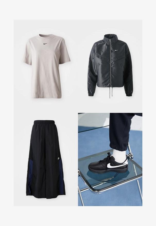 Černá zkrácená bunda s vysokým límcem, zipovým zapínáním, elastickými manžetami a bílým logem Nike. Hladká, lesklá látka s mírně strukturovaným povrchem.; Svetle šedé bavlněné tričko s kulatým výstřihem a krátkými rukávy. Na hrudi se nachází malé černé logo Nike. Jednoduchý design, jednobarevné provedení.; Černé kalhoty širokého střihu vyrobené z lehkého materiálu, s námořnickou modrou bočním panelem a elastickým pasem. Malé bílé logo na spodní části.; Černé tenisky Nike s bílými akcenty, s hladkou koženou texturou, šněrovacím designem a zaoblenou špičkou, umístěné na skleněné židli.