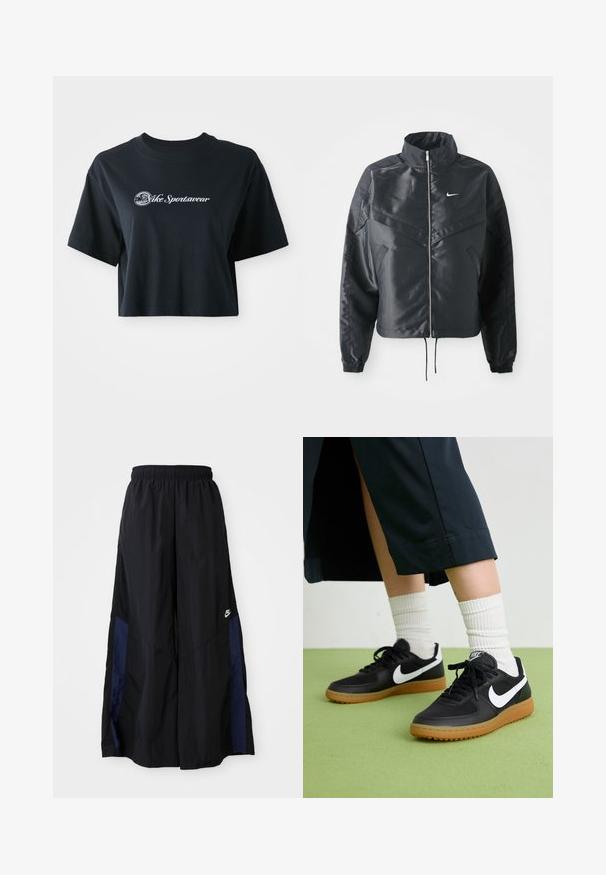 Svart kort jacka med hög krage, dragkedja, ärmslut i elastan och en vit Nike-logotyp. Slät, glänsande tyg med en något strukturerad yta.; Skuren svart bomulls t-shirt med korta ärmar, med vit text "Vice Sportswear" och en cirkulär grafik framtill.; Svarta vida byxor gjorda av lättviktig tyg, med en marinblå sid panel och ett elastiskt midjeband. Litet vitt logotyp nertill.; Svarta läder- och syntetiska sneakers med vit Nike-logga, gummisula, rund tå och svarta snörningar. Ribbad vit strumpor synliga.