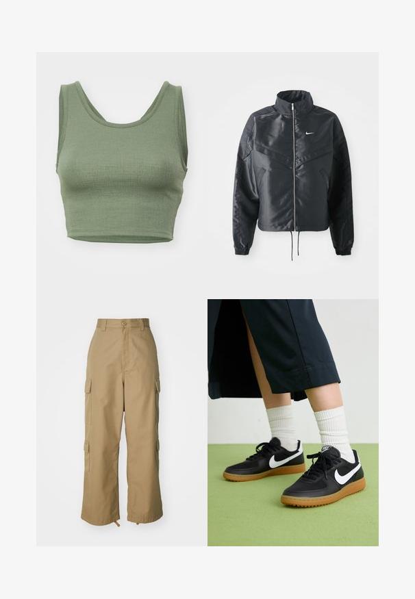 Mustat lyhyet takit, joissa on korkea kaulus, vetoketjukiinnitys, elastaanista valmistetut hihan suut ja valkoinen Nike-logo. Sileä, kiiltävä kangas, jossa on hieman tekstuuria.; Oliivinvihreä lyhyt toppi, joka on valmistettu ribbitetystä kankaasta ja jossa on pyöreä kaula-aukko sekä leveät olkaimet.; Beige cargo-housut korkealla vyötäröllä, leveillä lahkeilla ja neljällä suurella sivutaskulla. Valmistettu kestävästä kankaasta, jossa on sileä pinta ja minimaalinen yksityiskohtaisuus.; Mustat nahka- ja synteettiset urheilukengät, joissa on valkoinen Nike-merkki, kuminen pohja, pyöreä kärki ja mustat nauhat. Raitapintaiset valkoiset sukat näkyvissä.