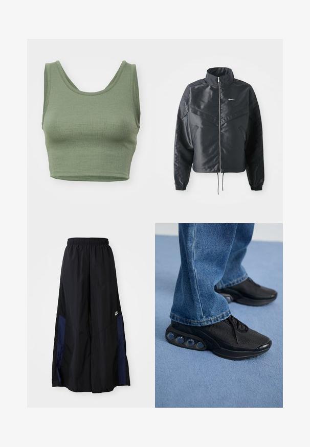 Črna skrajšana jakna z visokim ovratnikom, zadrgo, elastan rokavi in belim logotipom Nike. Gladek, sijoč material z rahlo teksturirano površino.; Olivno zelena skrajšana majica brez rokavov, izdelana iz rebrovane tkanine, z okroglo izrezom in širokimi naramnicami.; Črne široke hlače iz lahkega materiala, z morsko modrim stranskim panelom in elastičnim pasom. Majhna bela oznaka na dnu.; Črne športne superge z mrežastim zgornjim delom, teksturiranimi poudarki in vidnimi zračnimi blazinicami v podplatu. Obute z modrimi kavbojkami.