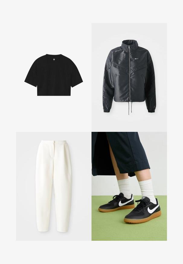 Juoda trumpa striukė su aukštu coloru, užtrauktuku, elastaniniu rankogaliu ir balta Nike logotipu. Lygus, blizgus audinys su šiek tiek tekstūruotu paviršiumi.; Juodas trumpas marškinėliai iš minkštos medžiagos su trumpomis rankovėmis, apvaliu kaklu ir paprastu logotipu, spausdintu arti apykaklės.; Baltos aukšto liemens siaurėjantys keliai su paslėptu priekinio uždarymo mechanizmu ir šoninėmis kišenėmis, pristatyti prieš paprastą baltą foną.; Juodos odinės ir sintetinių medžiagų sportbačiai su balta Nike swoosh, guminis padas, apvalus pirštas ir juodi raišteliai. Matomos banguotos baltos kojinės.