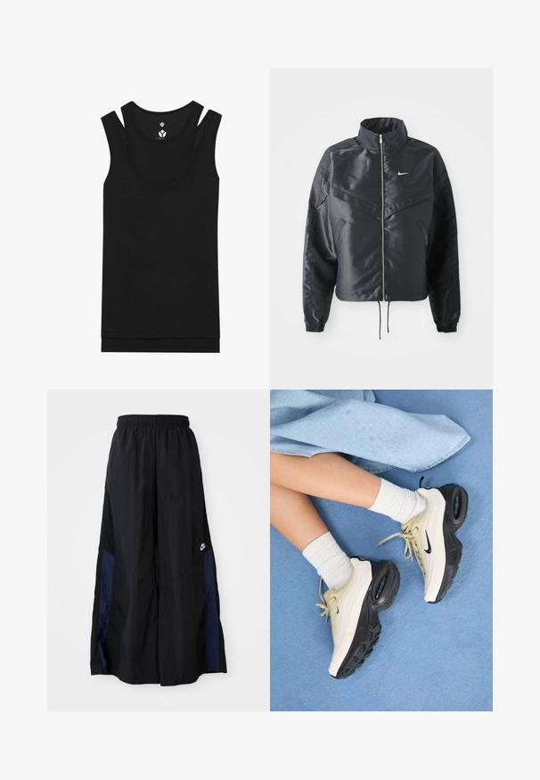 Czarna krótka kurtka z wysokim kołnierzem, zamek błyskawiczny, ściągacze z elastanu i białe logo Nike. Gładki, błyszczący materiał o lekko teksturowanej powierzchni.; Czarny top bez rękawów z okrągłym dekoltem i podwójnym paskiem. Wykonany z prążkowanej tkaniny o gładkiej fakturze, z prostym dołem.; Czarne spodnie szerokie wykonane z lekkiego materiału, z granatowym bocznym panelem i elastycznym paskiem w talii. Małe białe logo na dole.; Sneakers Nike Air Max mają beżowy i czarny design, gładką cholewkę, widoczną amortyzację powietrza oraz płaskie gumowe bieżniki.