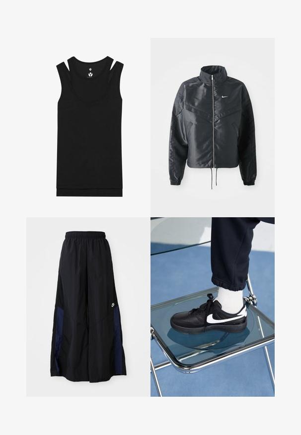 Chaqueta negra corta con cuello alto, cierre de cremallera, puños de elastano y un logo de Nike en blanco. Tejido suave y brillante con una superficie ligeramente texturizada.; Top negro sin mangas con escote redondo y diseño de doble tirante. Fabricado en tela de canalé con una textura suave, presenta un dobladillo recto.; Pantalones de pierna ancha negros, confeccionados en una tela ligera, con un panel lateral azul marino y una cinturilla elástica. Logotipo blanco pequeño en la parte inferior.; Zapatillas Nike negras con acentos blancos, con una textura de cuero suave, diseño de cordones y punta redondeada, colocadas sobre una silla de cristal.