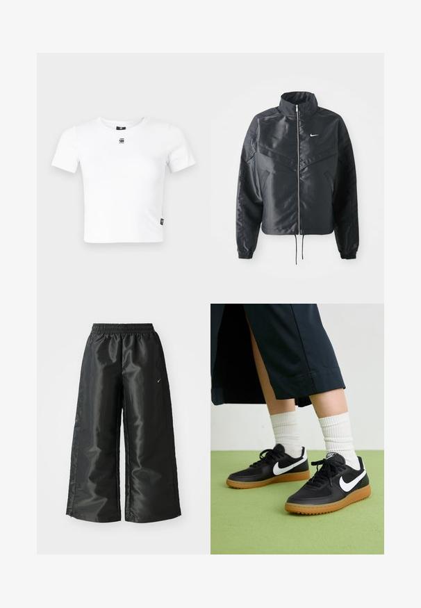 Juoda trumpa striukė su aukštu coloru, užtrauktuku, elastaniniu rankogaliu ir balta Nike logotipu. Lygus, blizgus audinys su šiek tiek tekstūruotu paviršiumi.; Balta trumpa rankovėmis marškinėliai, pagaminti iš minkštos medvilnės, su apvaliu iškirpimu ir mažuoju juodu logotipu ant krūtinės. Įtrauktas šoninis etiketas.; Juodi sportiniai džinsai su blizgia, lygaus audinio medžiaga, turintys elastingą juosmenį, plačias kojų dalis ir mažą logotipą kairėje pusėje.; Juodos odinės ir sintetinių medžiagų sportbačiai su balta Nike swoosh, guminis padas, apvalus pirštas ir juodi raišteliai. Matomos banguotos baltos kojinės.